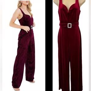 QUIZ Velvet Rhinestone Buckle Wide Leg Jumpsuit in Berry- SZ Womens 8